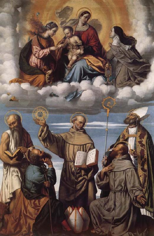 Saint Bernardino with Saints Jerome,Joseph,Francis and Nicholas of Bari,Virgin and Child in Glory with Saints Catherine of Alexandria and Clare, MORETTO da Brescia
